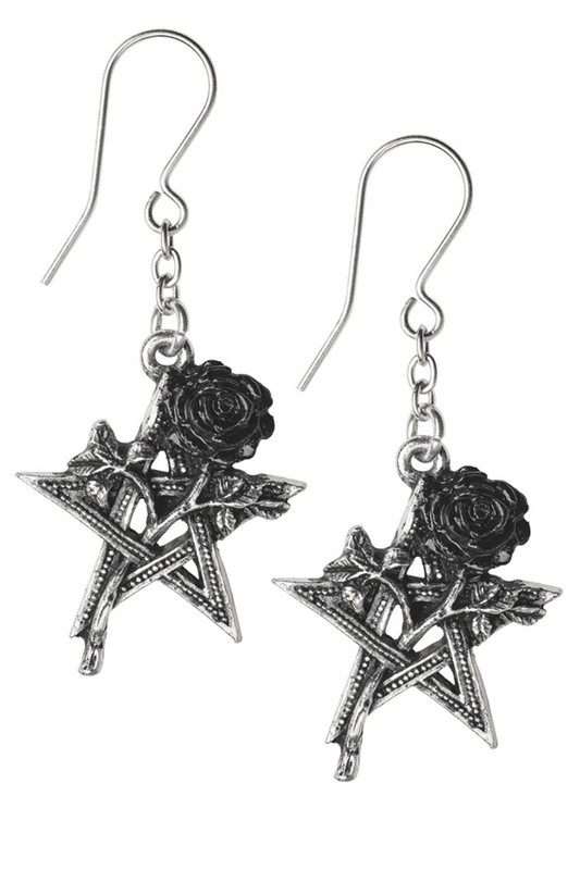 Pentagram and Black Rose Earrings with Pewter Detailing