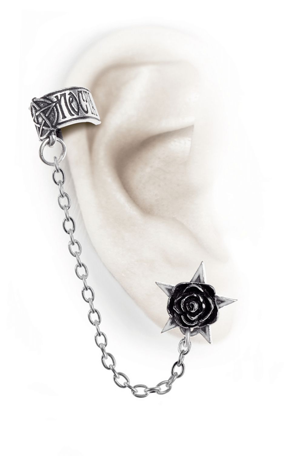 Pentagram and Rose Chain Ear Cuff Gothic Earring