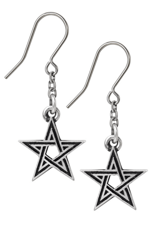 Pentagram Earrings with Black Enamel and Chain Design