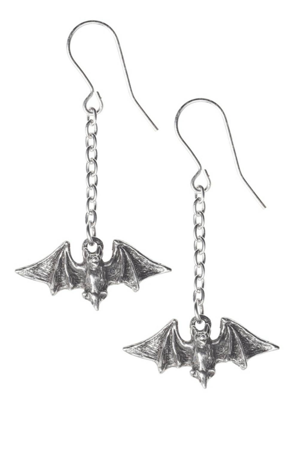 Pewter Bat Drop Earrings on Fine Chains for Gothic Style