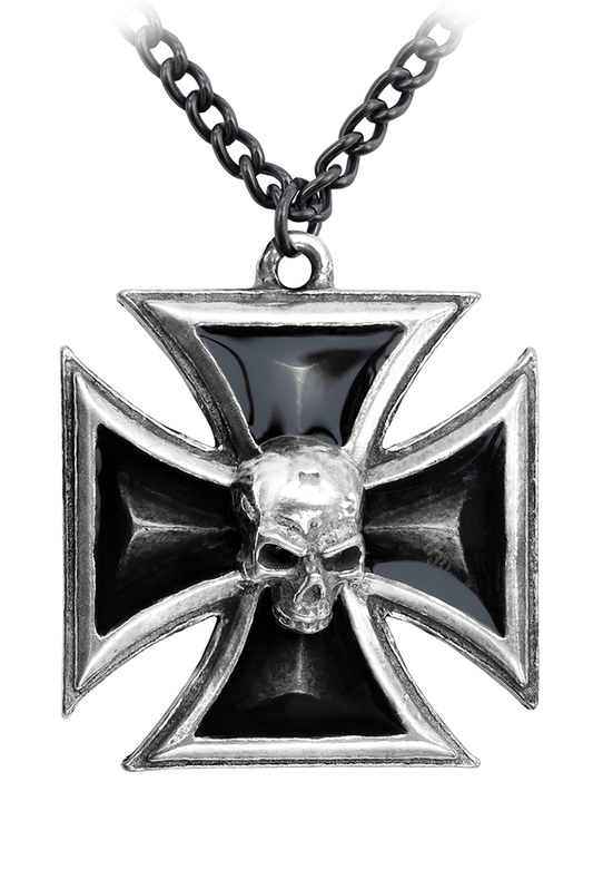 Pewter Iron Cross Pendant with Skull and Black Enamel