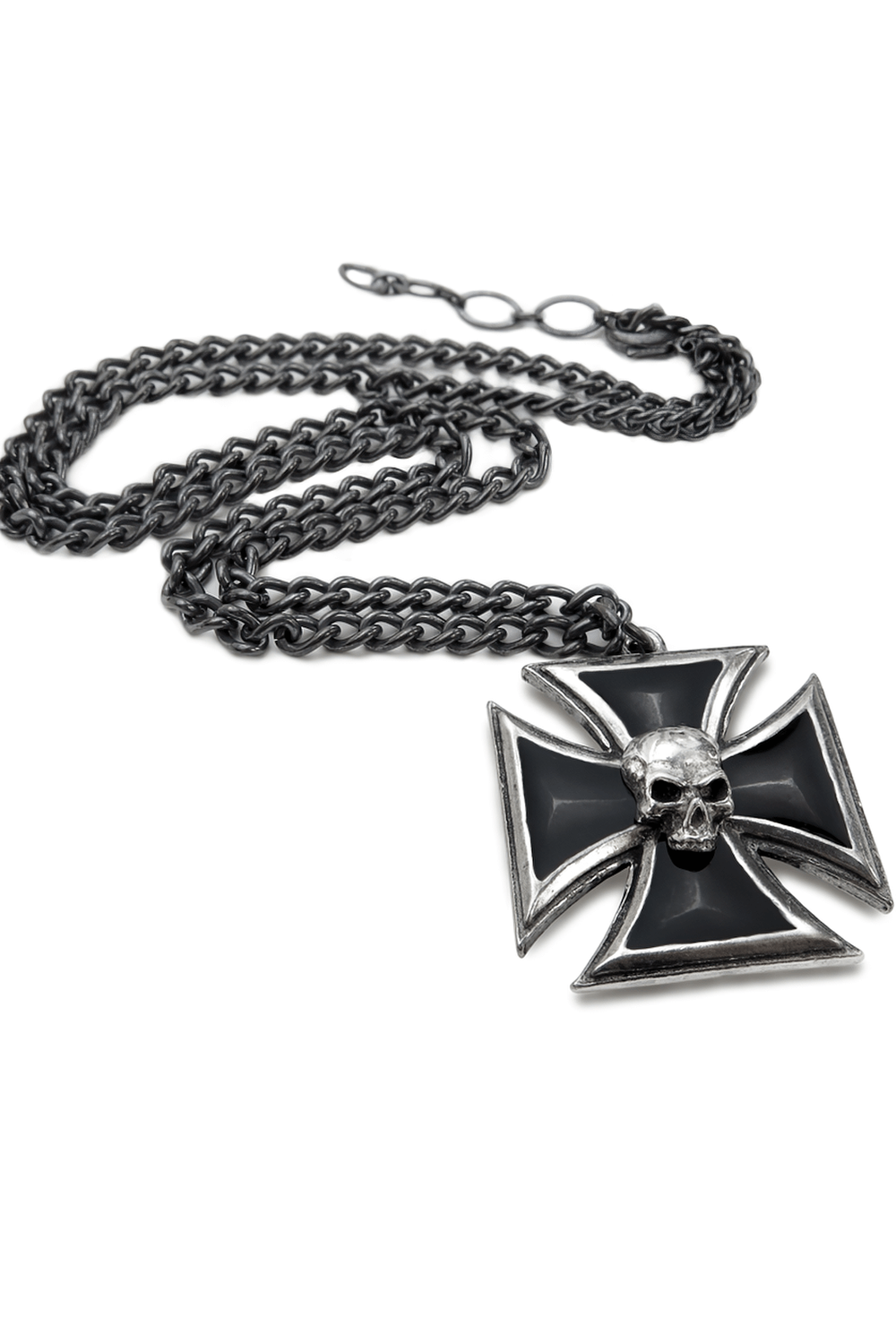 Pewter Iron Cross Pendant with Skull and Black Enamel