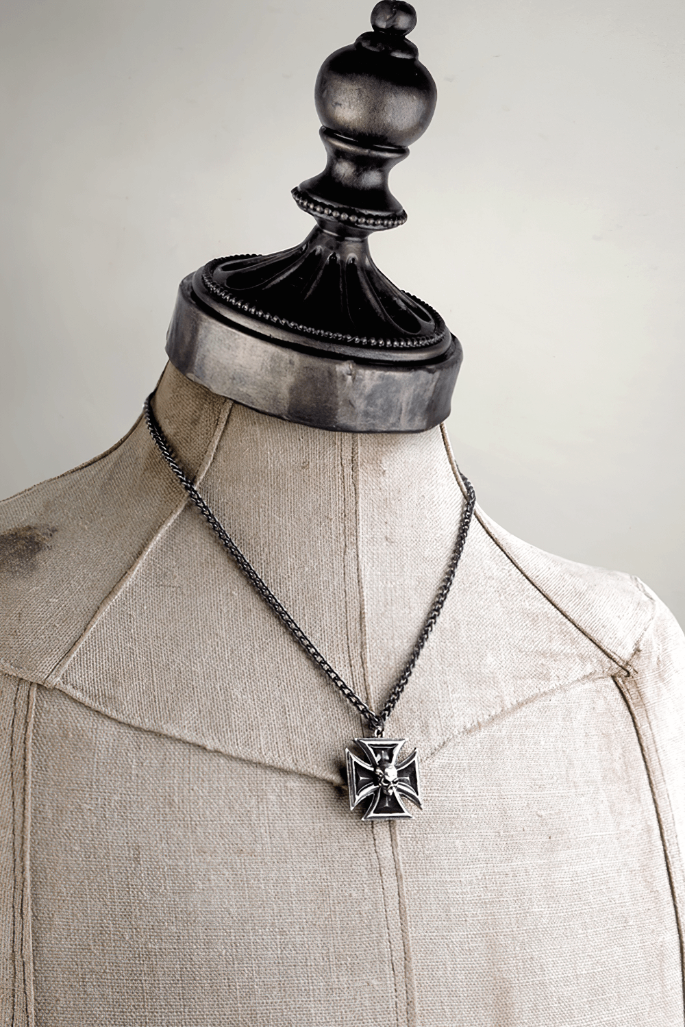 Pewter Iron Cross Pendant with Skull and Black Enamel