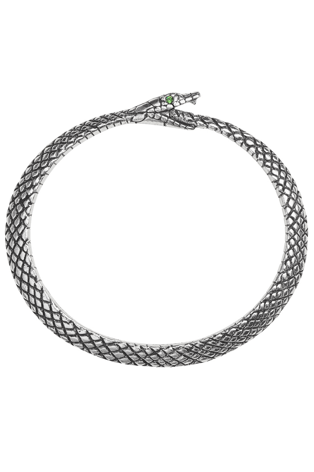 Pewter Ouroboros Snake Bangle with Green Crystal Eyes