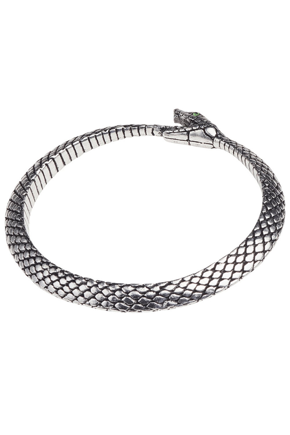 Pewter Ouroboros Snake Bangle with Green Crystal Eyes