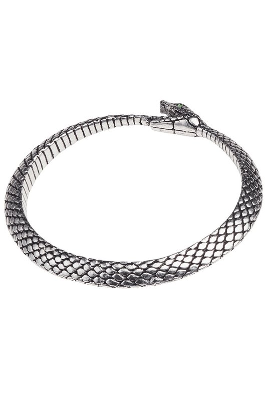 Pewter Ouroboros Snake Bangle with Green Crystal Eyes