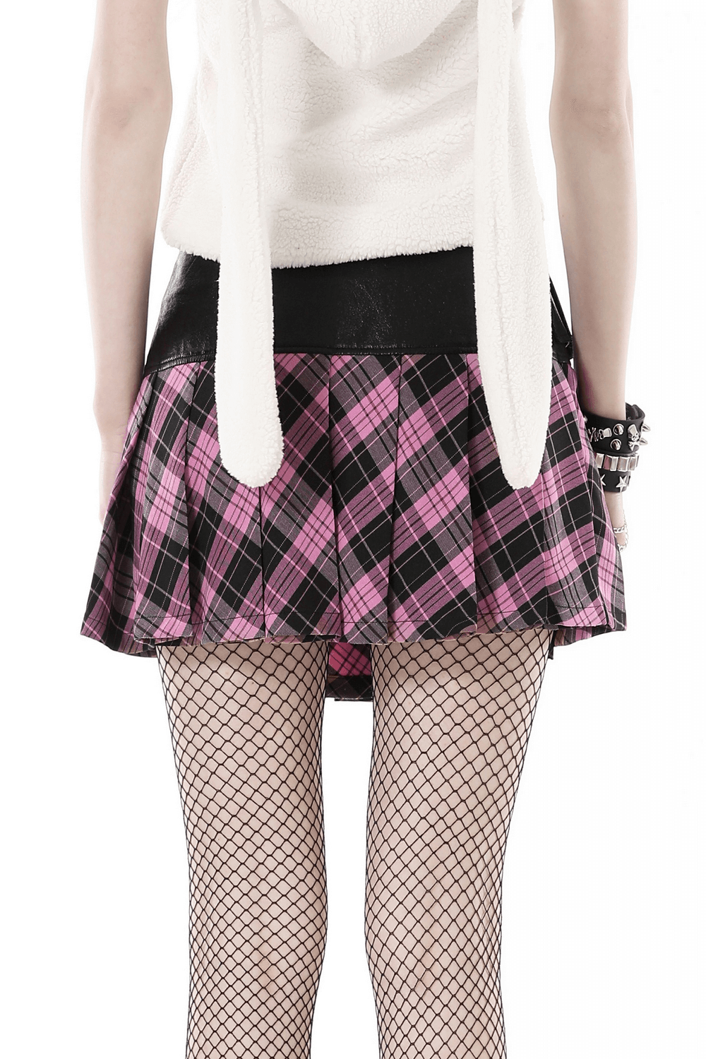 Pink and Black Plaid Mini Skirt with Edgy Leather Belt