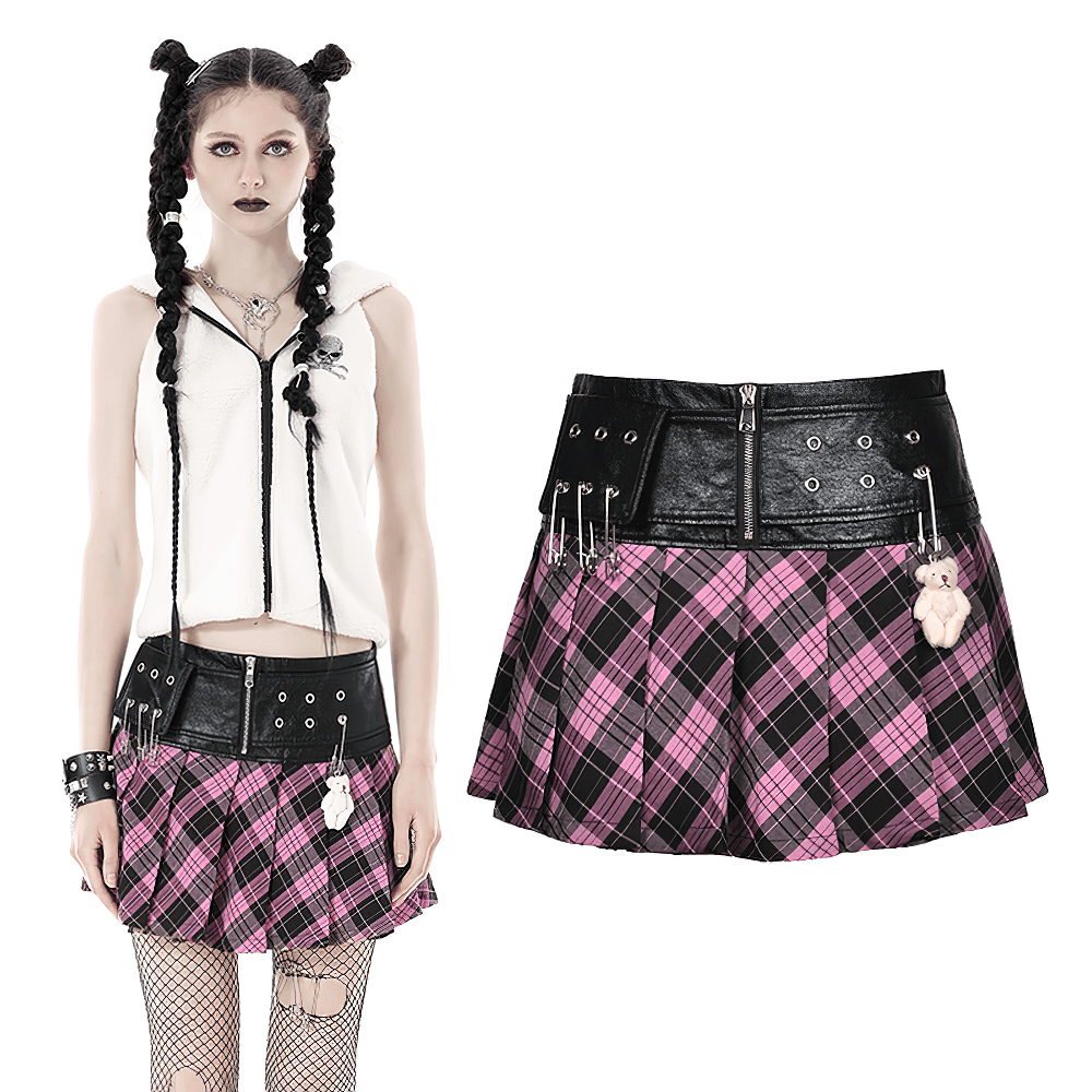 Pink and Black Plaid Mini Skirt with Edgy Leather Belt