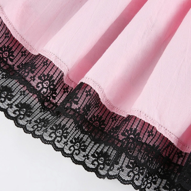 Pink Women's Double Layer Pleated Skirt with Black Lace / Stylish High Waisted Short Skirts