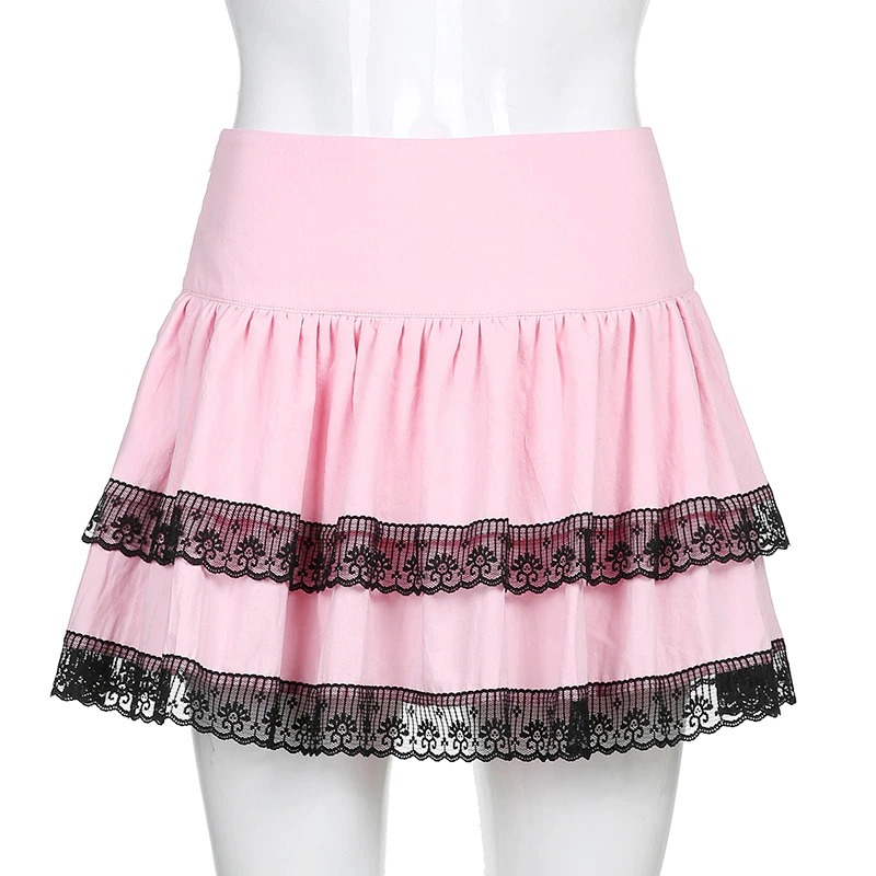 Pink Women's Double Layer Pleated Skirt with Black Lace / Stylish High Waisted Short Skirts