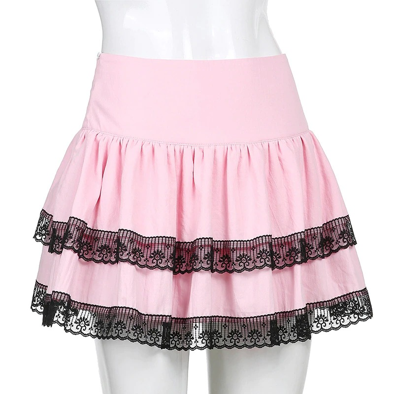 Pink Women's Double Layer Pleated Skirt with Black Lace / Stylish High Waisted Short Skirts