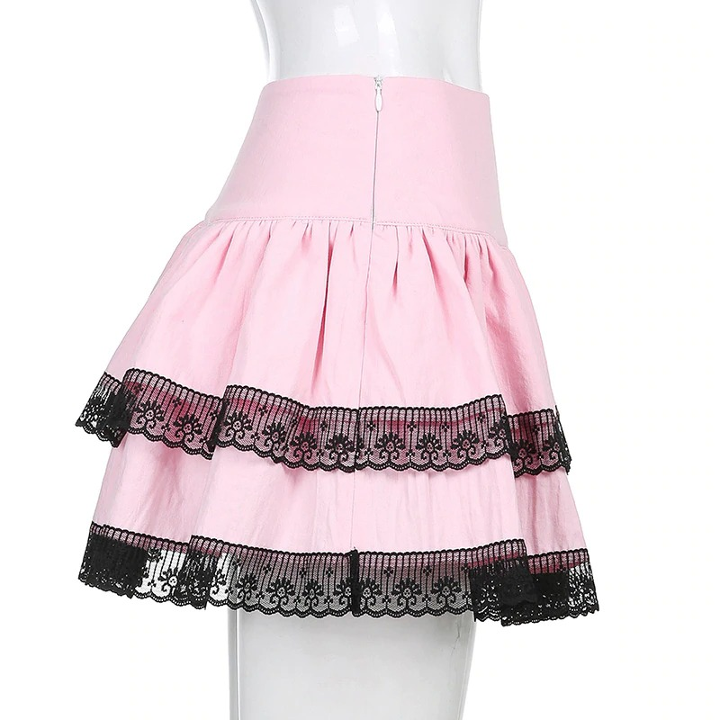 Pink Women's Double Layer Pleated Skirt with Black Lace / Stylish High Waisted Short Skirts