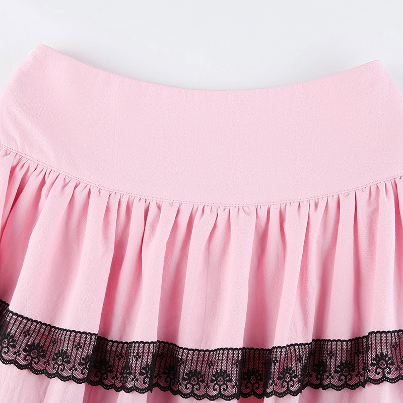 Pink Women's Double Layer Pleated Skirt with Black Lace / Stylish High Waisted Short Skirts