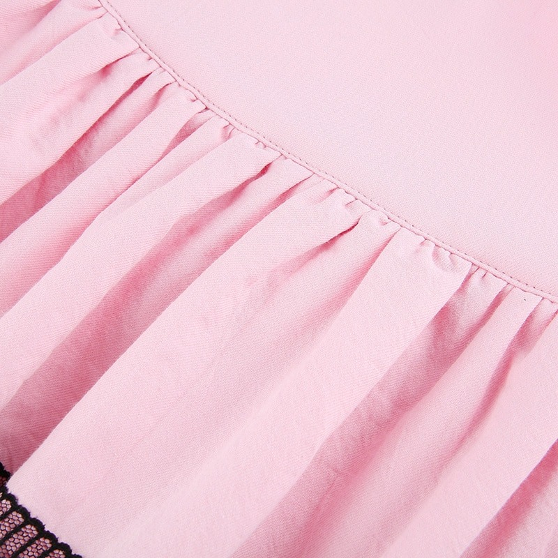 Pink Women's Double Layer Pleated Skirt with Black Lace / Stylish High Waisted Short Skirts
