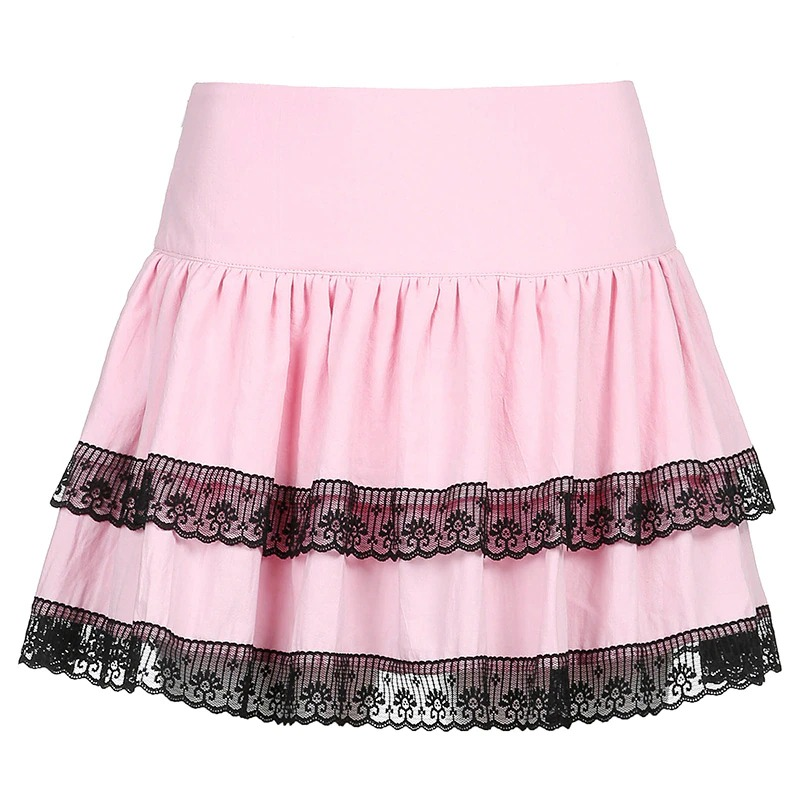 Pink Women's Double Layer Pleated Skirt with Black Lace / Stylish High Waisted Short Skirts