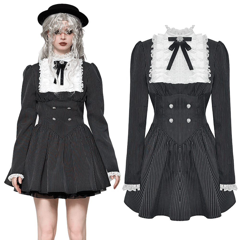 Pinstripe Gothic Dress with Lace Ruffle and Bow Details