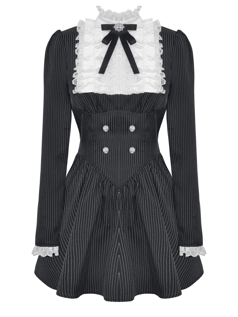 Pinstripe Gothic Dress with Lace Ruffle and Bow Details