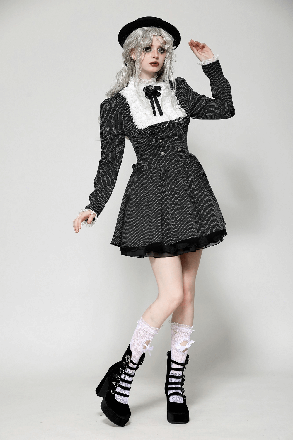 Pinstripe Gothic Dress with Lace Ruffle and Bow Details