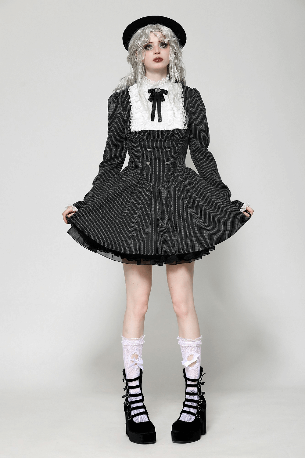 Pinstripe Gothic Dress with Lace Ruffle and Bow Details