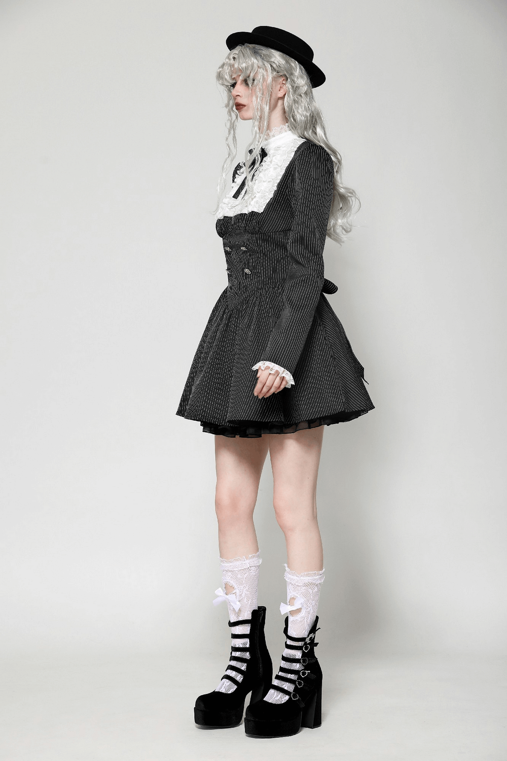Pinstripe Gothic Dress with Lace Ruffle and Bow Details