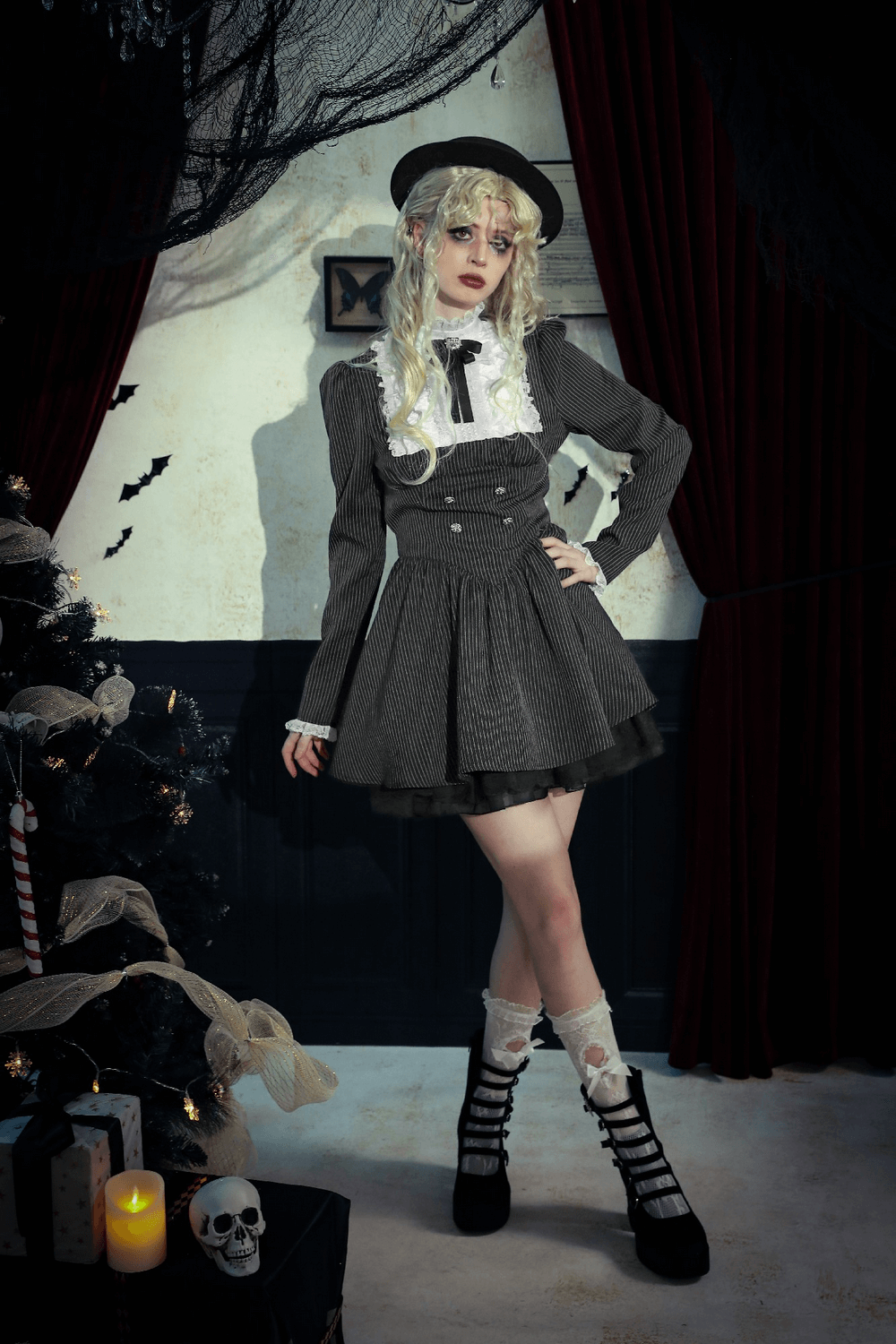 Pinstripe Gothic Dress with Lace Ruffle and Bow Details