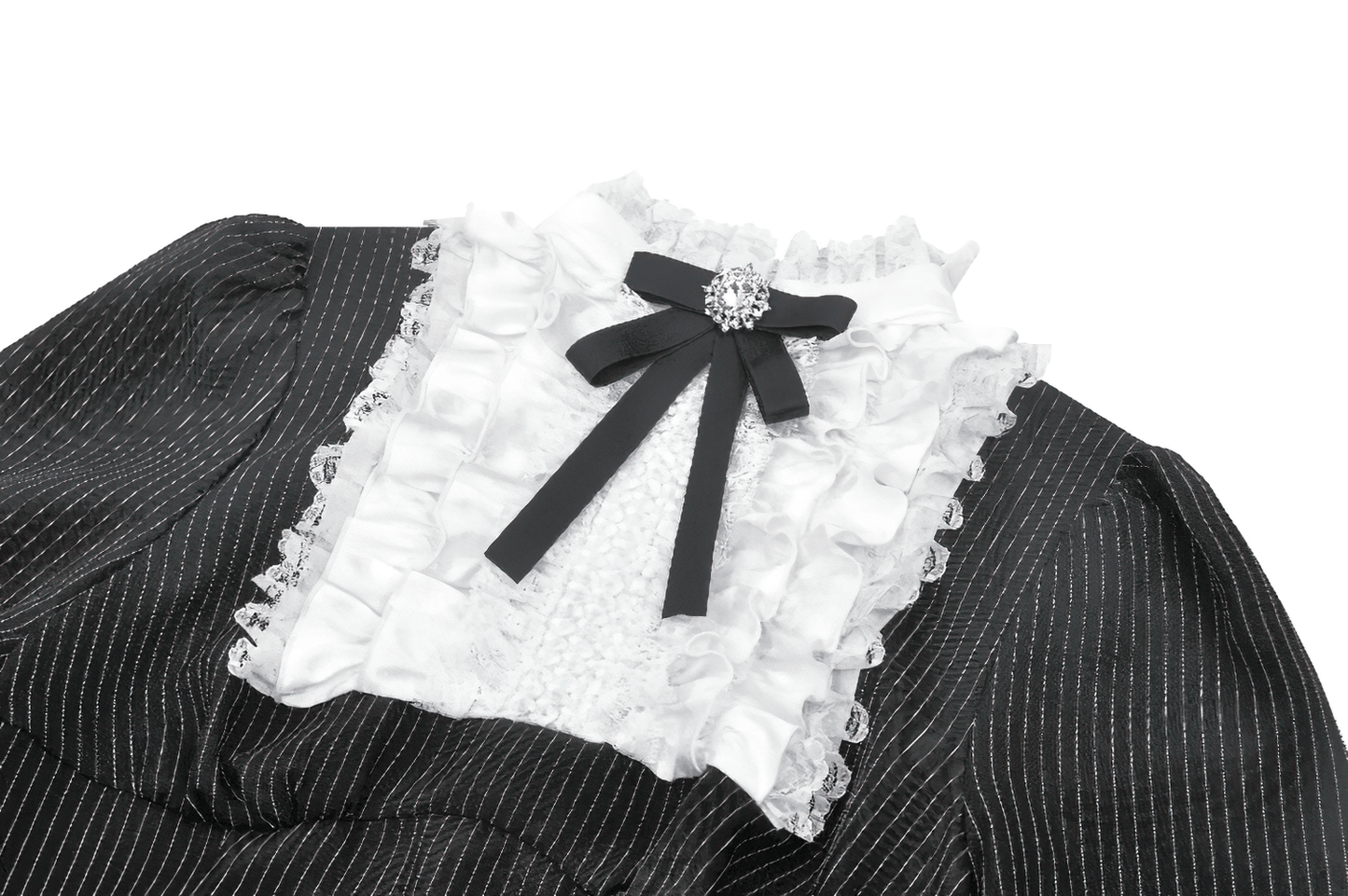 Pinstripe Gothic Dress with Lace Ruffle and Bow Details
