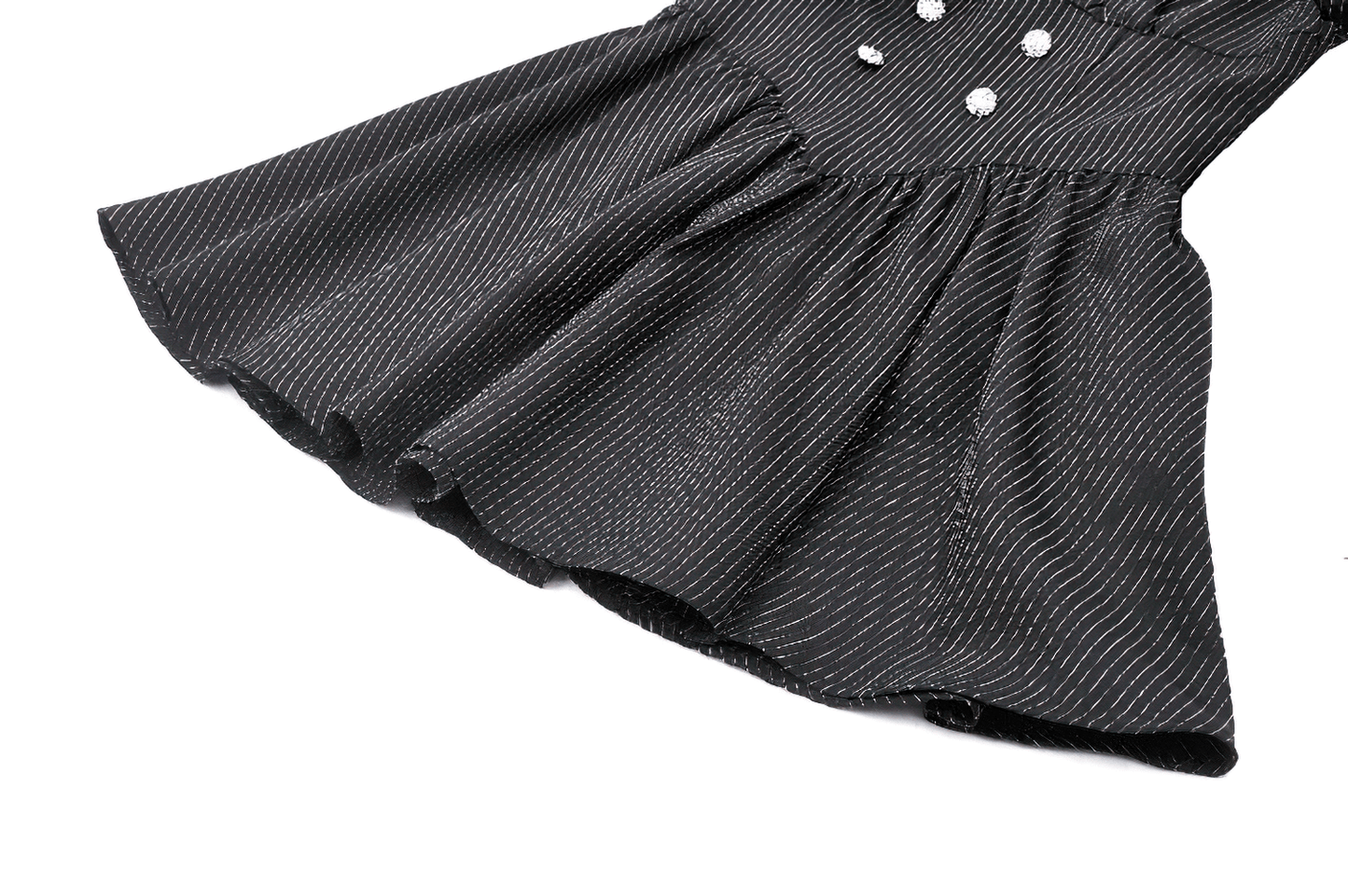 Pinstripe Gothic Dress with Lace Ruffle and Bow Details