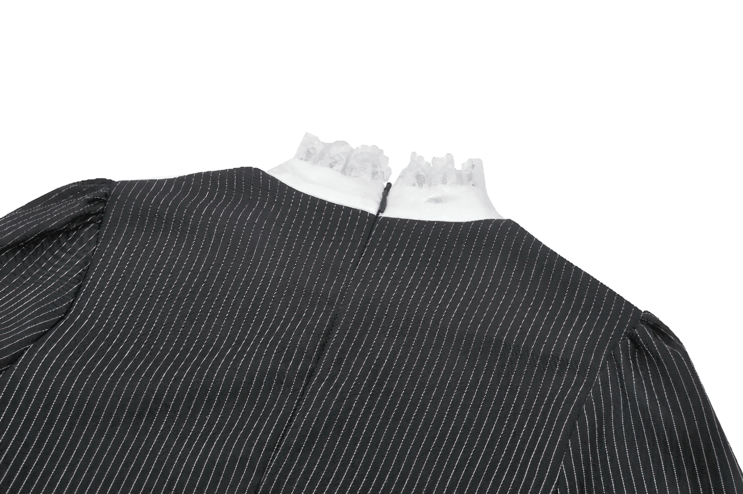 Pinstripe Gothic Dress with Lace Ruffle and Bow Details