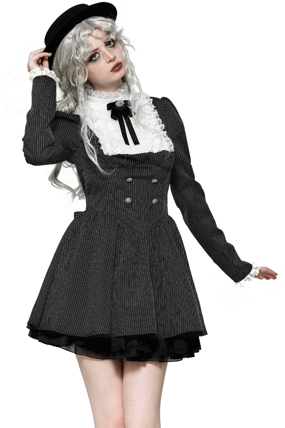 Pinstripe Gothic Dress with Lace Ruffle and Bow Details