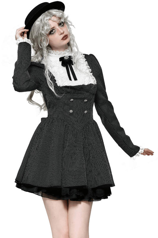 Pinstripe Gothic Dress with Lace Ruffle and Bow Details
