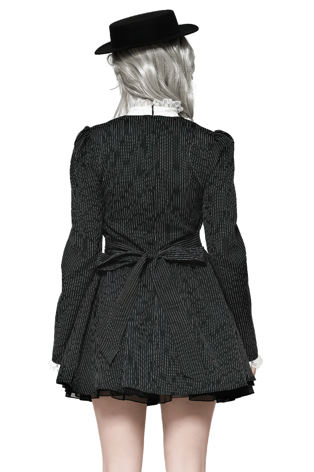 Pinstripe Gothic Dress with Lace Ruffle and Bow Details