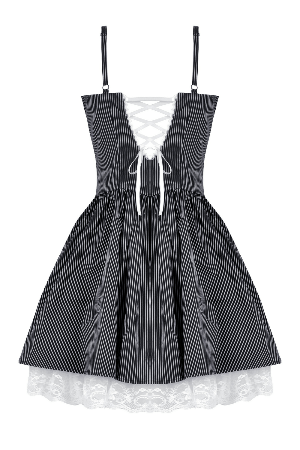 Pinstripe Gothic Dress with Lace Trim and Corset Back