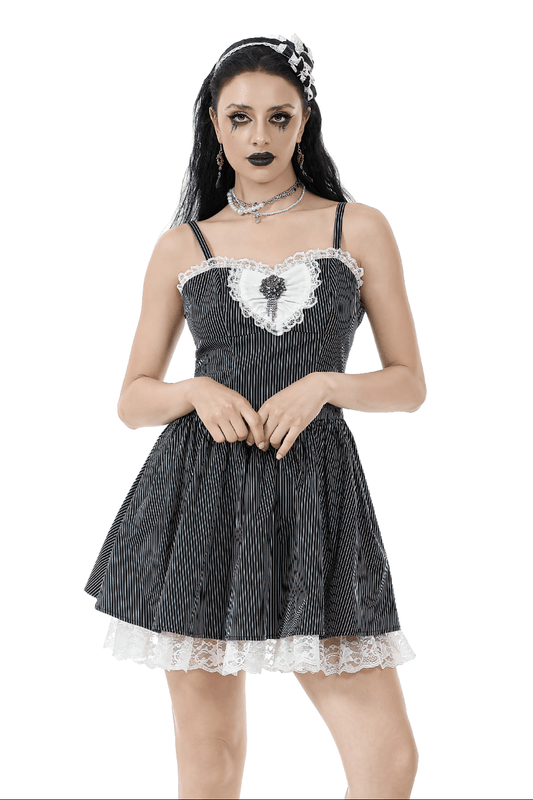 Pinstripe Gothic Dress with Lace Trim and Corset Back