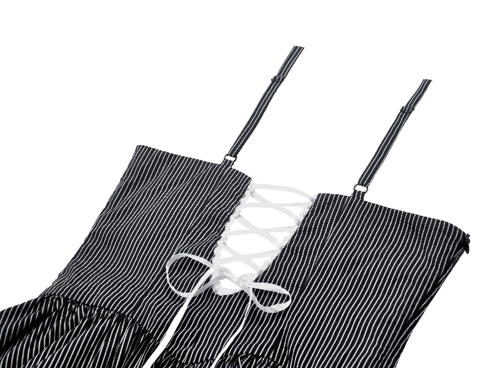 Pinstripe Gothic Dress with Lace Trim and Corset Back