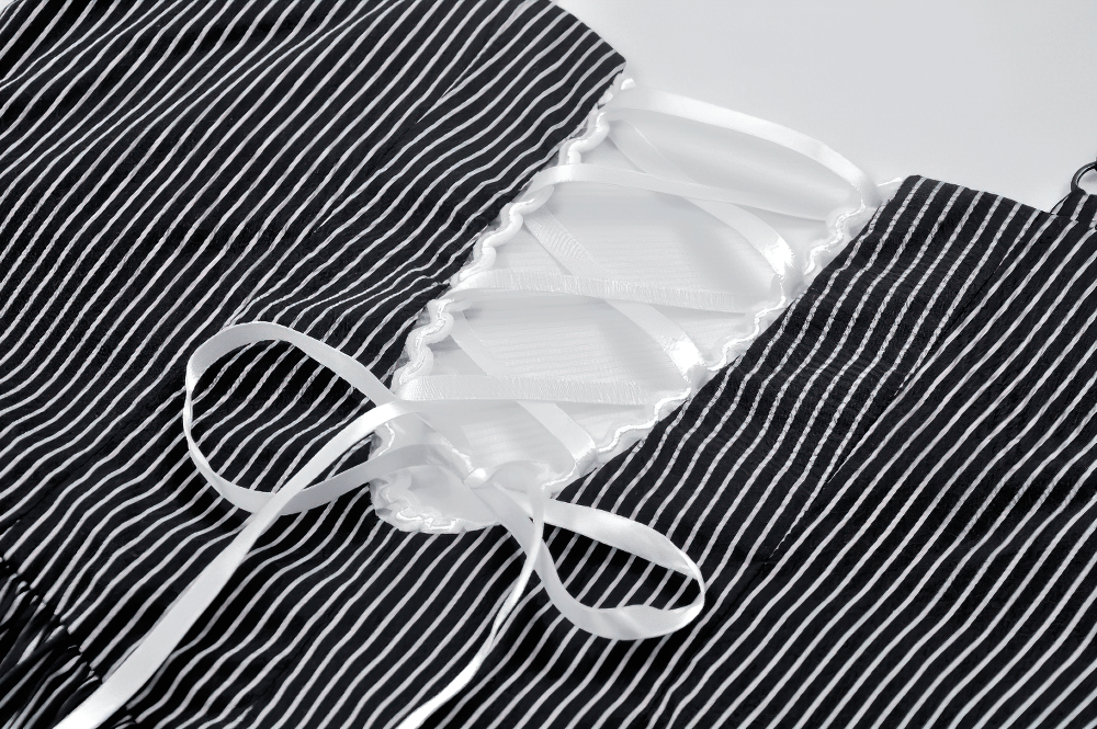 Pinstripe Gothic Dress with Lace Trim and Corset Back