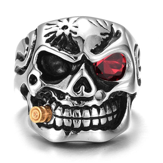 Pirate Skeleton Ring / Stainless Steel Ring With Crystal / Biker Jewelry