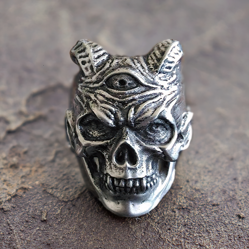 Plague Devil Skull Ring / Stainless Steel Demon Biker Jewelry / Three Eyed Rock Jewelry