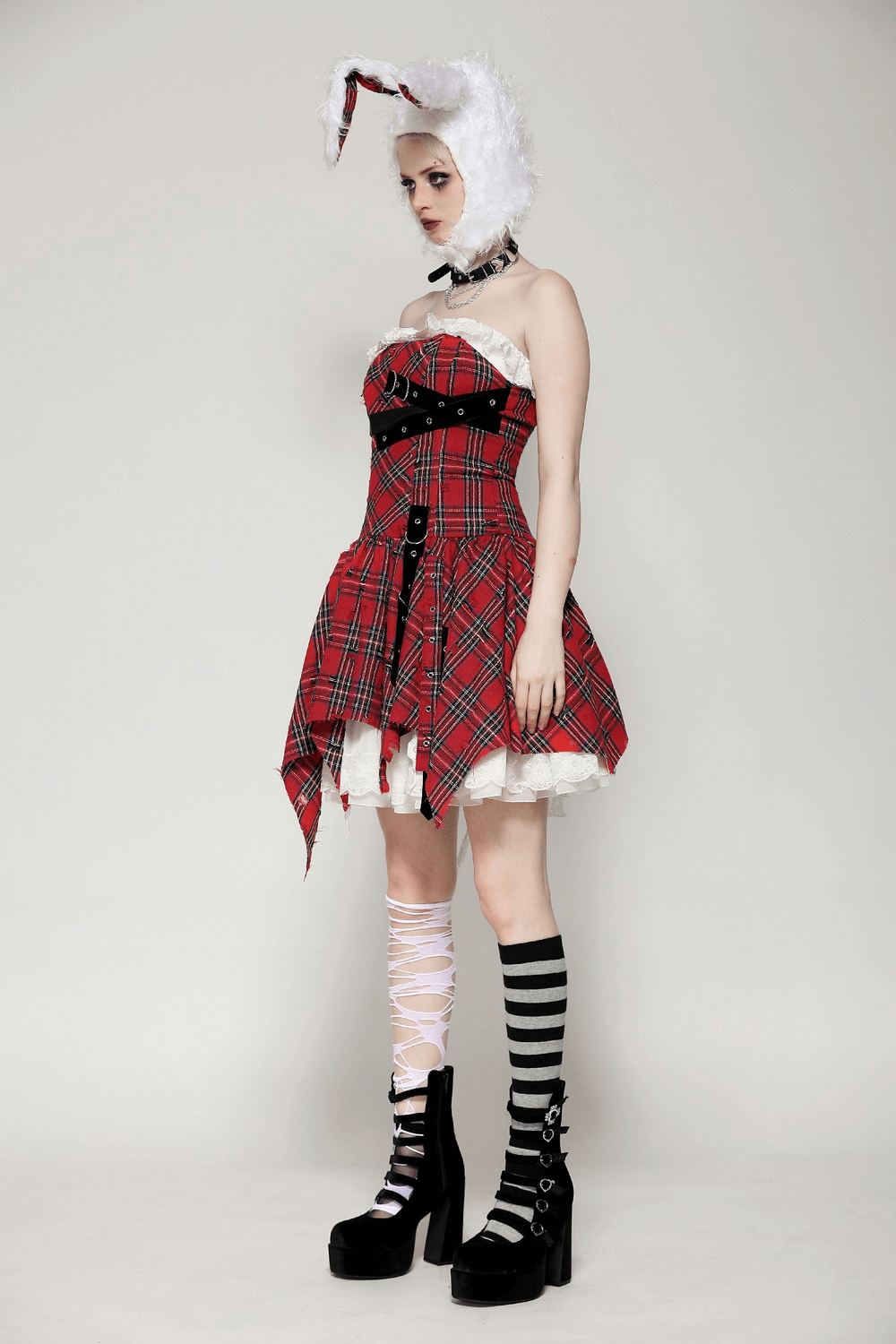 Plaid Corset Dress with Punk-Inspired Strap Details