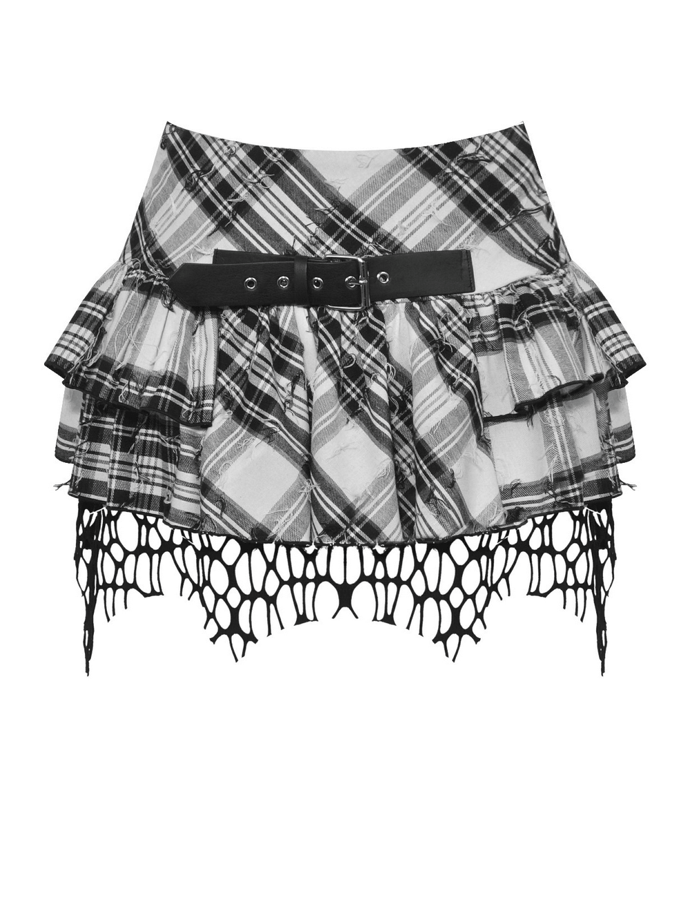 Plaid Layered Mini Skirt with Belt and Mesh Trim