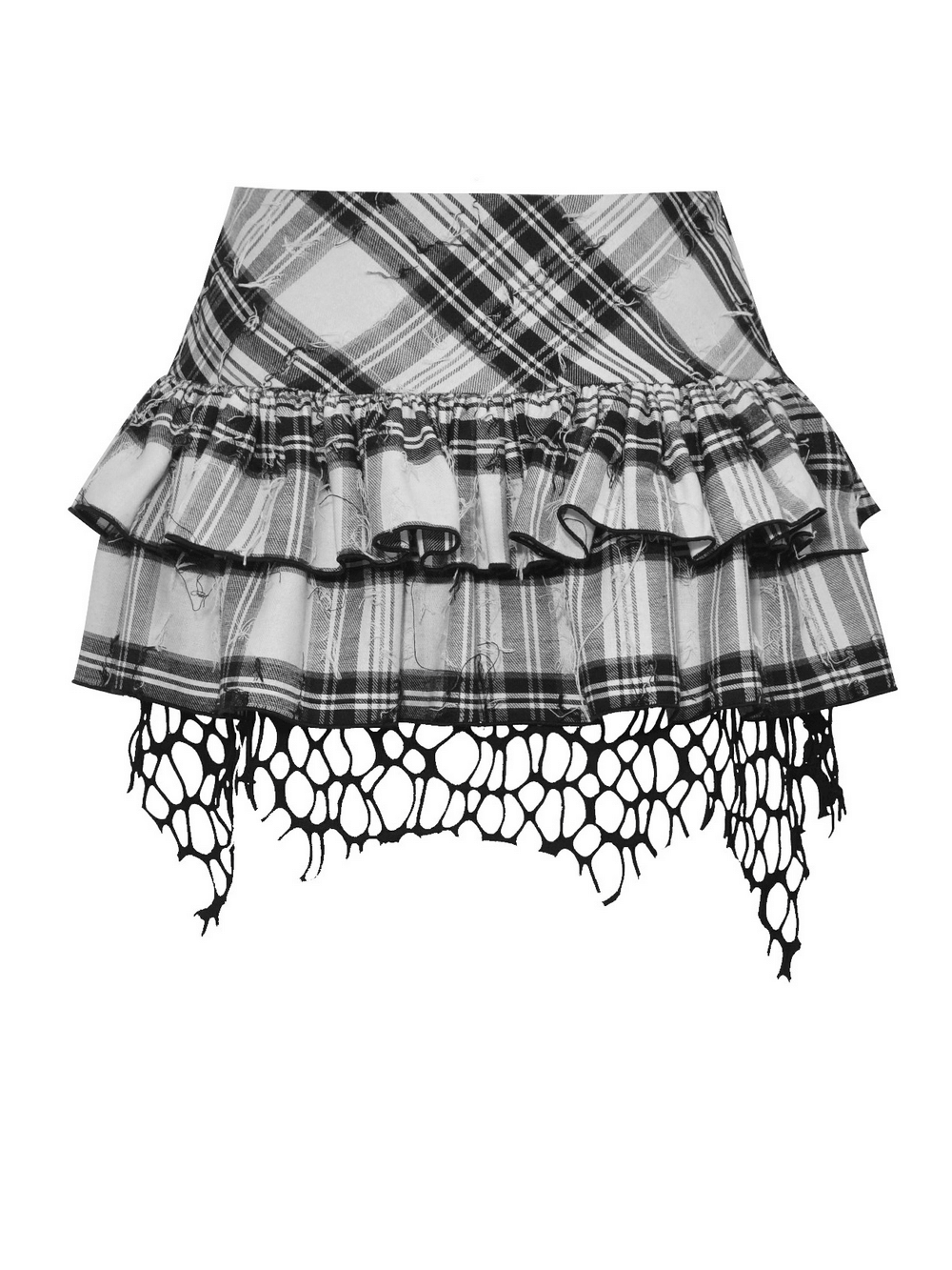 Plaid Layered Mini Skirt with Belt and Mesh Trim