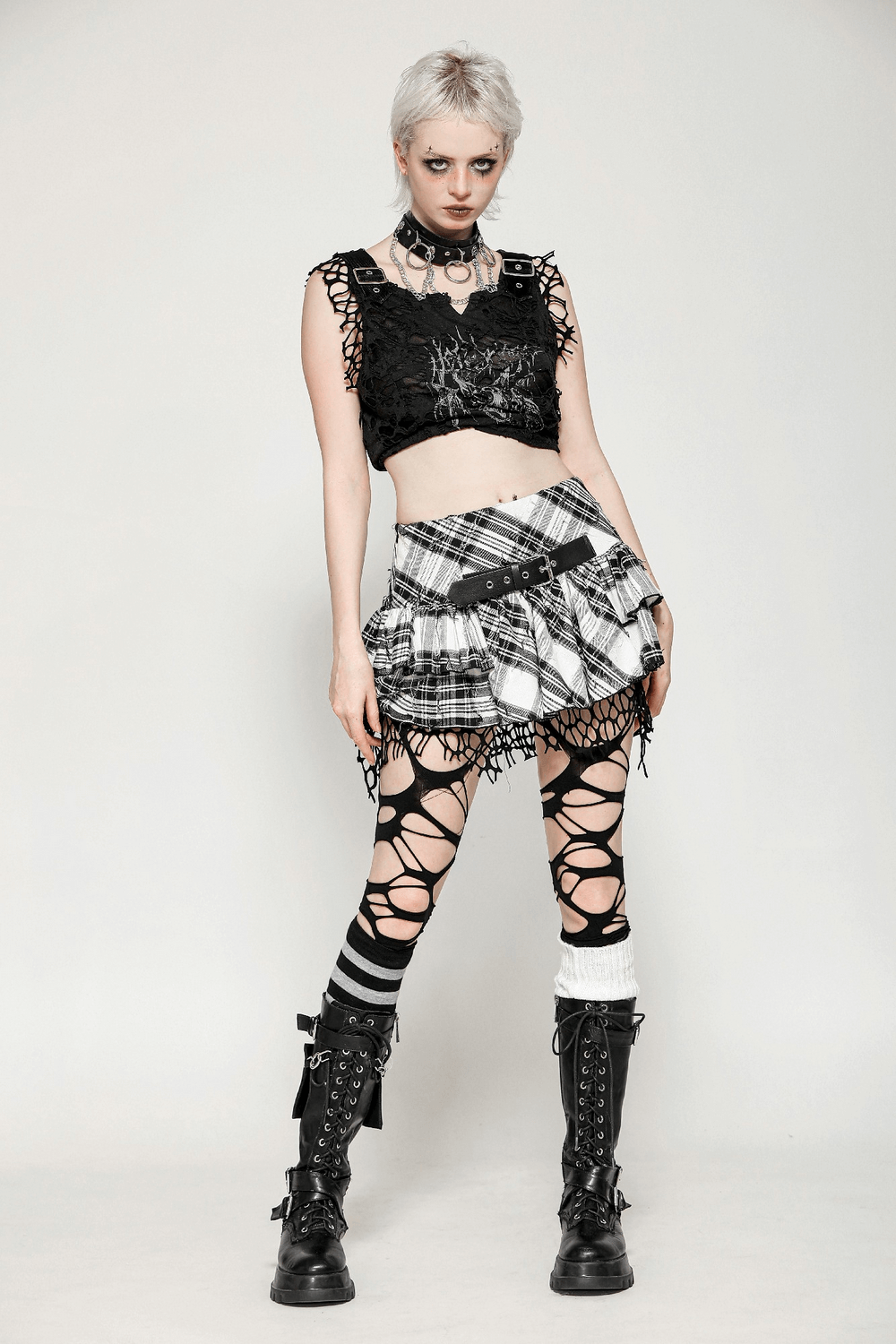 Plaid Layered Mini Skirt with Belt and Mesh Trim