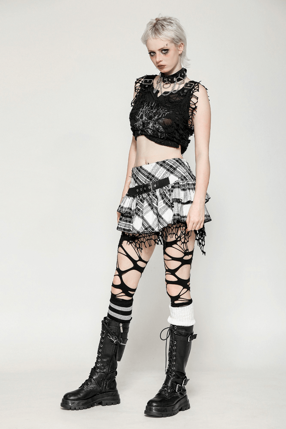 Plaid Layered Mini Skirt with Belt and Mesh Trim