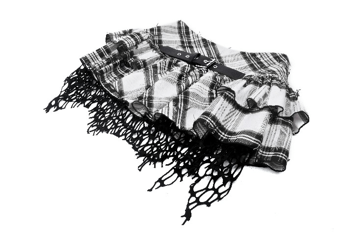 Plaid Layered Mini Skirt with Belt and Mesh Trim