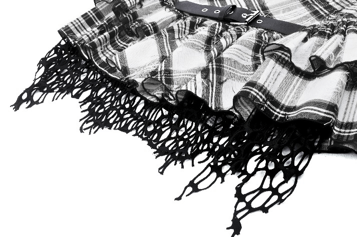 Plaid Layered Mini Skirt with Belt and Mesh Trim