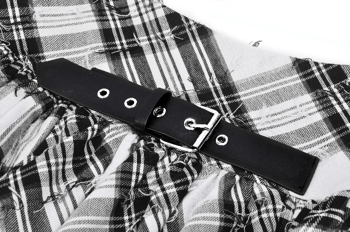 Plaid Layered Mini Skirt with Belt and Mesh Trim