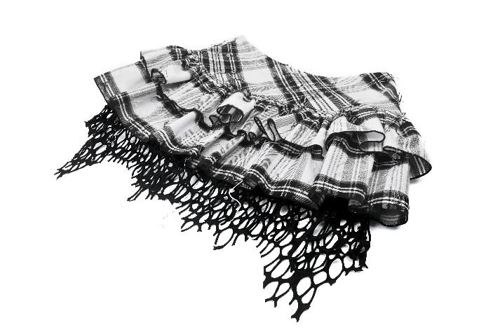 Plaid Layered Mini Skirt with Belt and Mesh Trim