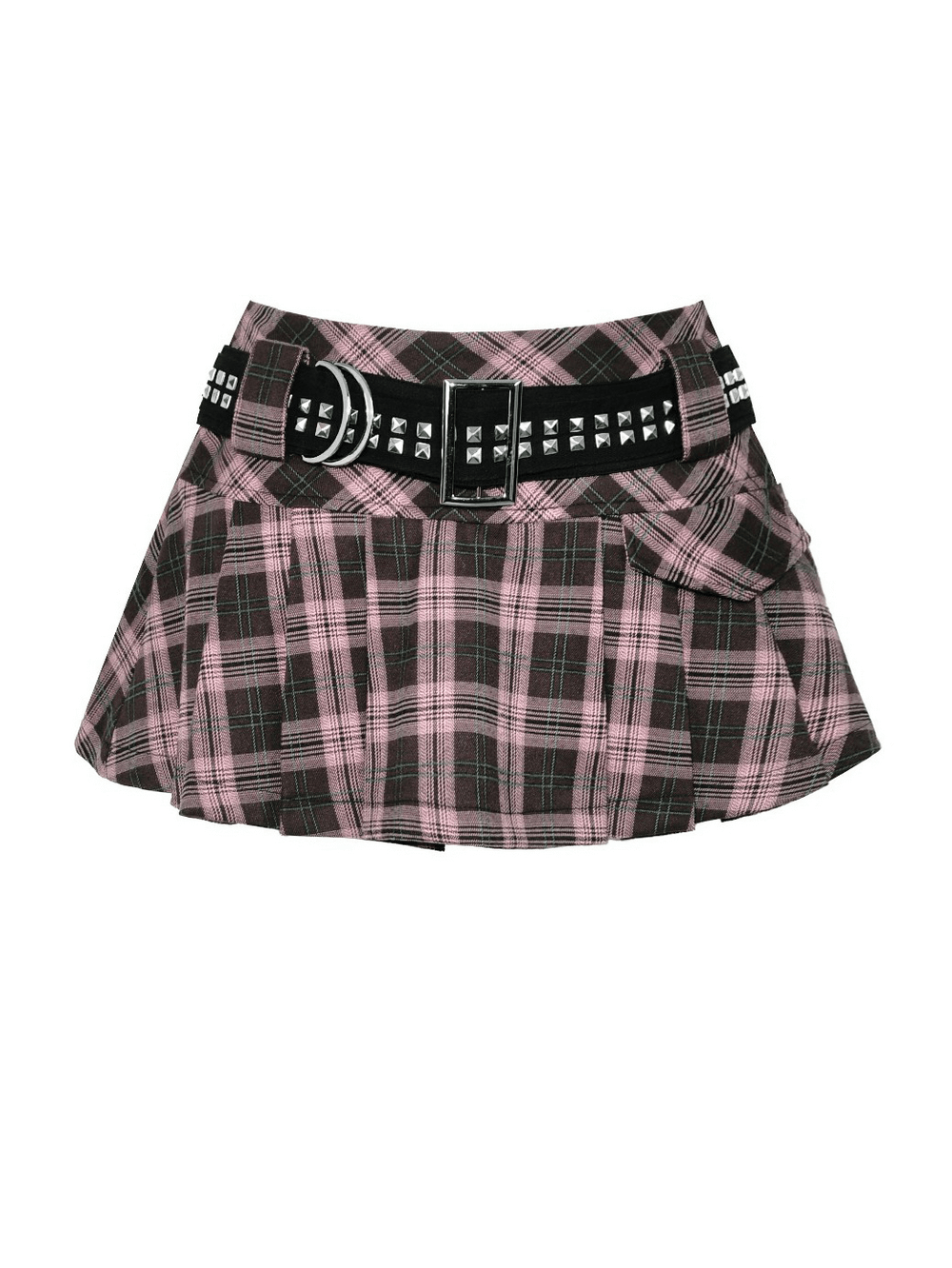 Plaid Mini Skirt with Studded Belt and Pleated Design