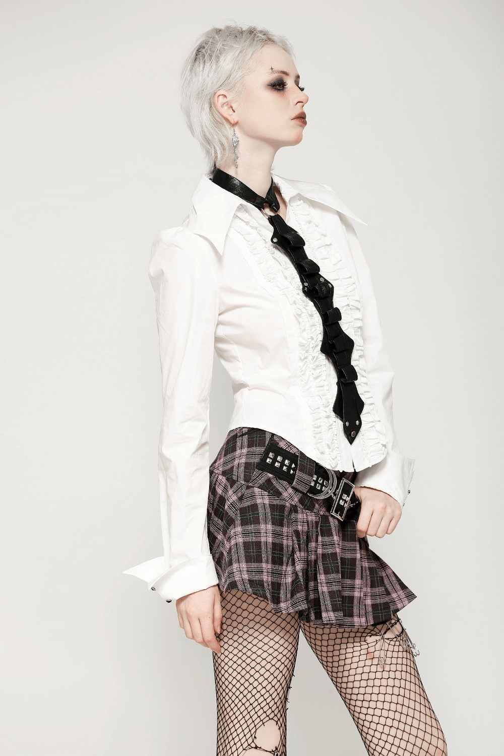 Plaid Mini Skirt with Studded Belt and Pleated Design