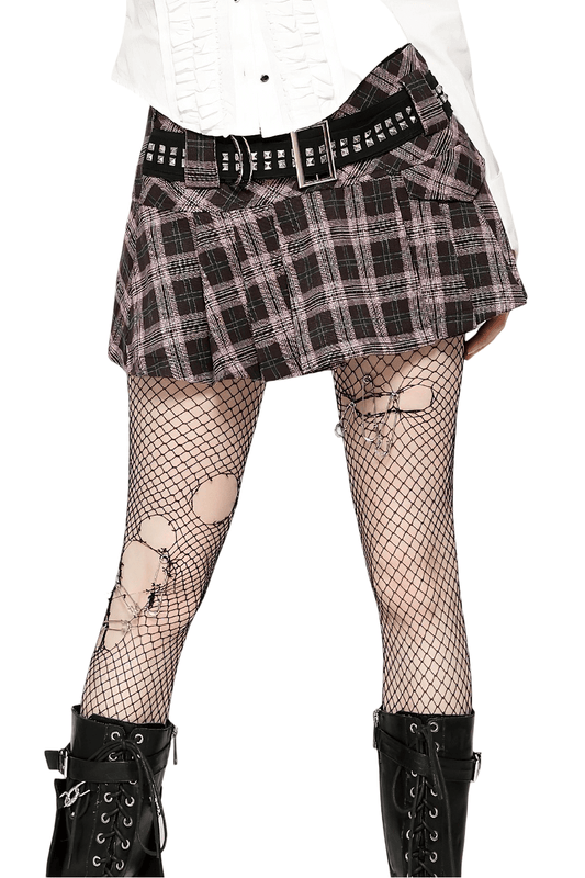 Plaid Mini Skirt with Studded Belt and Pleated Design