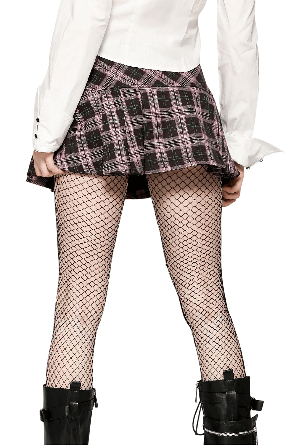 Plaid Mini Skirt with Studded Belt and Pleated Design